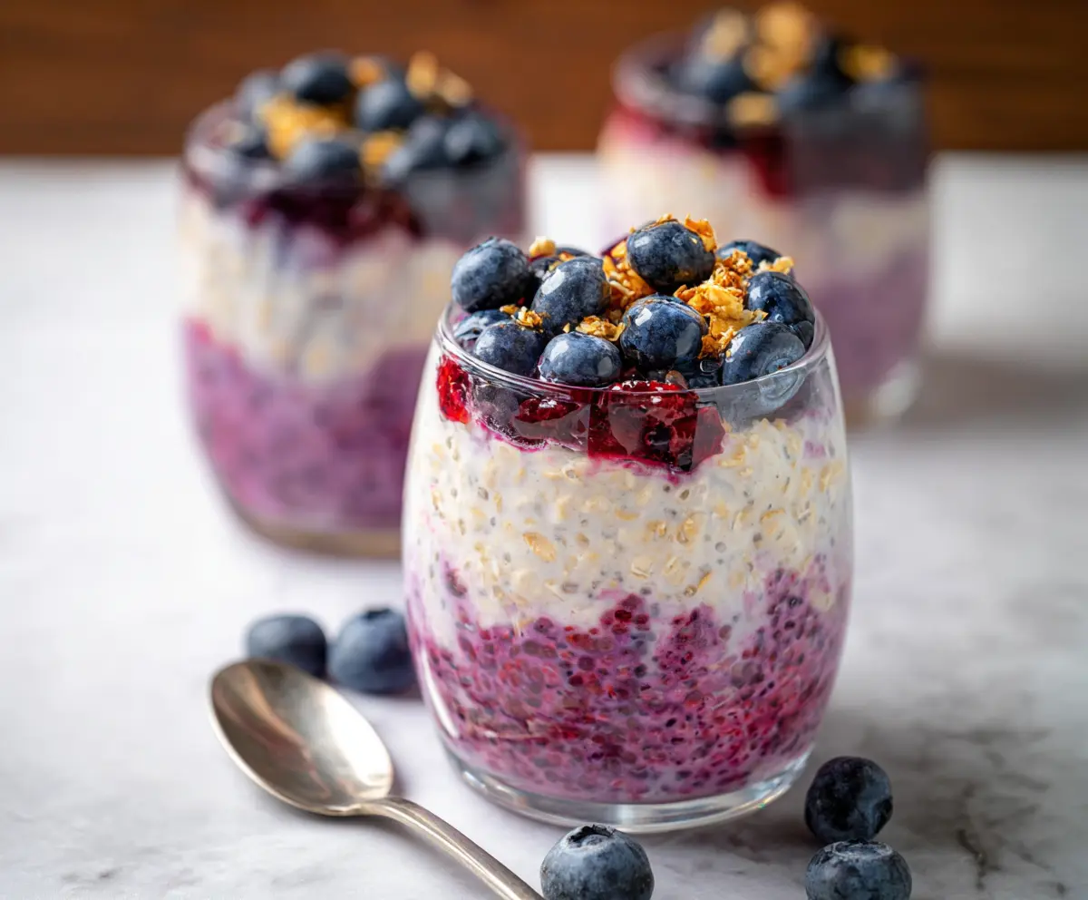 Delicious Berry Cheesecake Overnight Oats topped with fresh berries and creamy cheese for a nourishing breakfast.