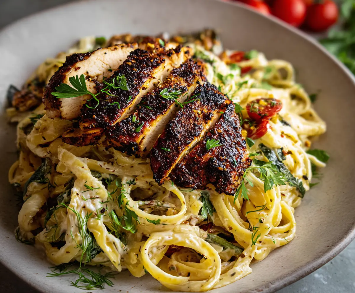 Delicious blackened chicken pasta dish garnished with herbs on a white plate.