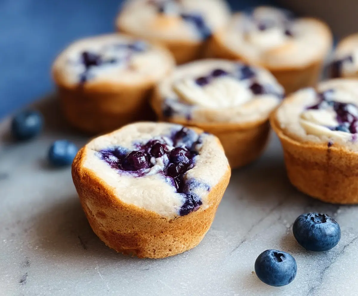 Fresh Blueberry Cream Cheese Protein Muffins on a white plate, highlighting their moist texture and vibrant blueberries.