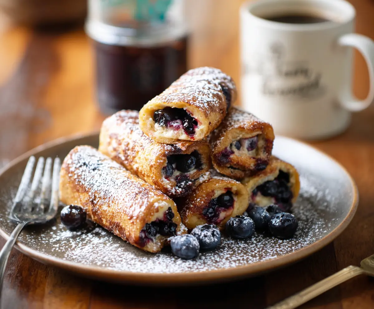 Delicious Blueberry French Toast Roll Ups topped with powdered sugar and fresh blueberries perfect for breakfast or brunch.
