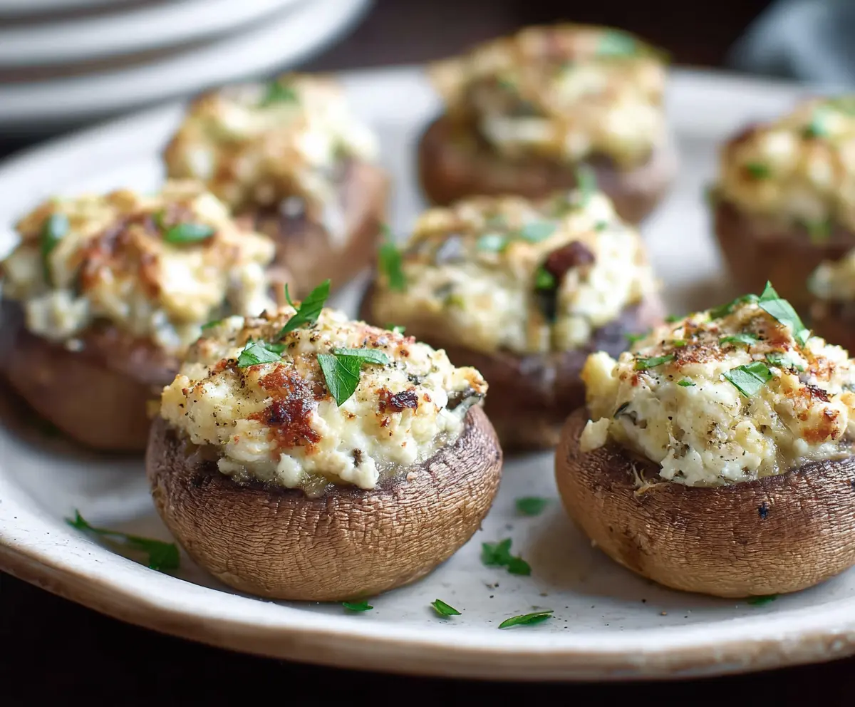 Delicious Boursin stuffed mushrooms with melted cheese and fresh herbs on a serving plate.