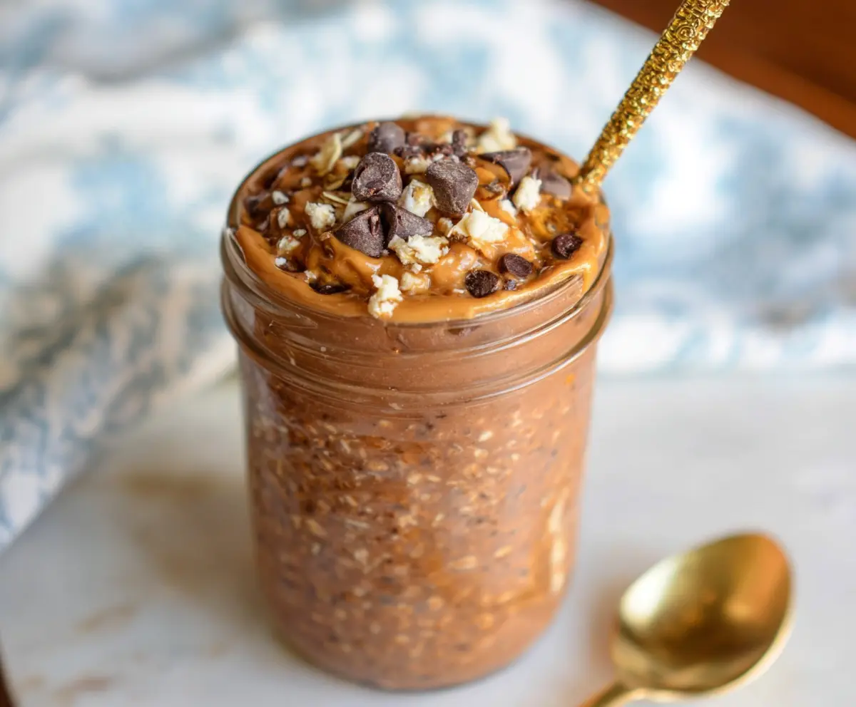 Delicious brownie batter overnight oats topped with chocolate chips for a perfect breakfast treat.