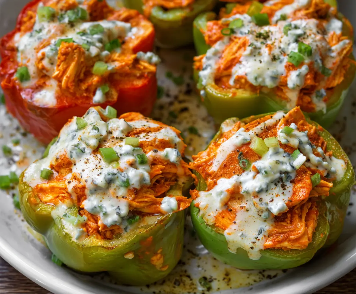 Delicious buffalo chicken stuffed peppers served as a spicy, protein-packed appetizer or main course.