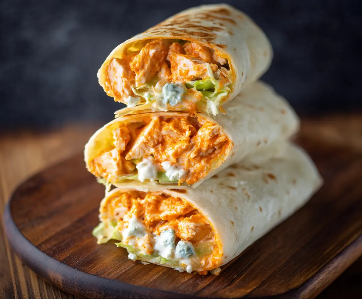 Delicious Buffalo Chicken Wrap with crispy lettuce and creamy dressing, perfect for a spicy lunch or dinner.
