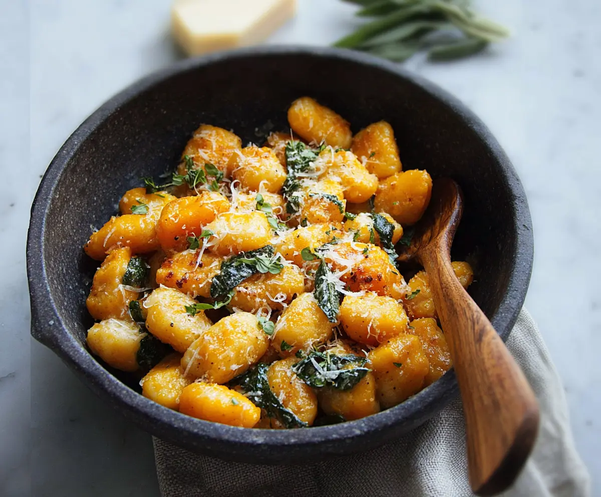 Delicious homemade butternut squash gnocchi served with sage and a drizzle of olive oil.