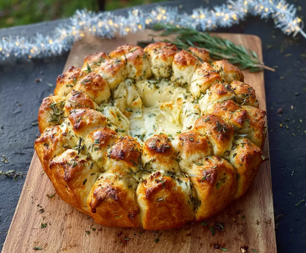 Delicious Camembert Pull-Apart Wreath with melted cheese and golden crust on a serving platter.