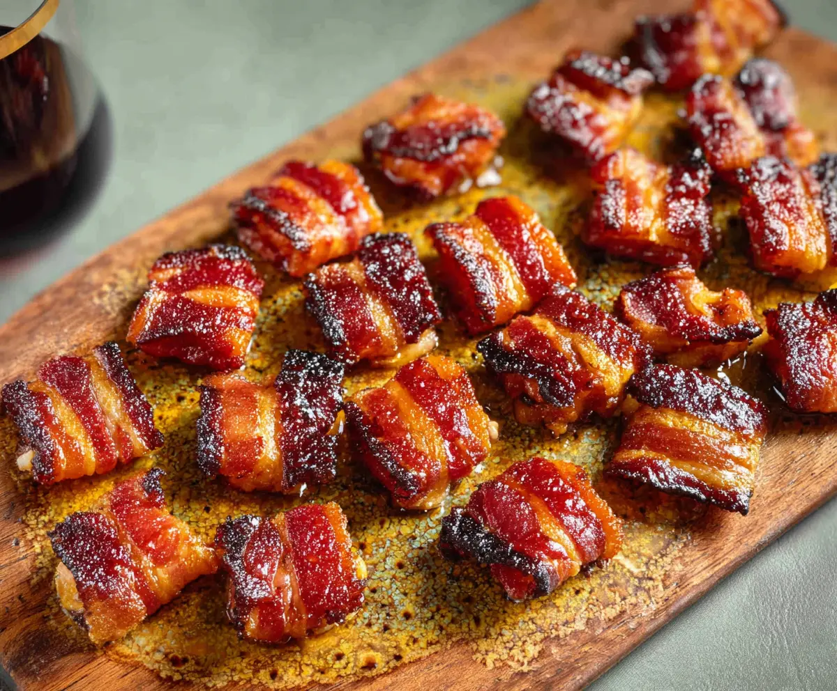 Delicious candied bacon bites garnished with a sprinkle of sugar, perfect for appetizers or snacks.