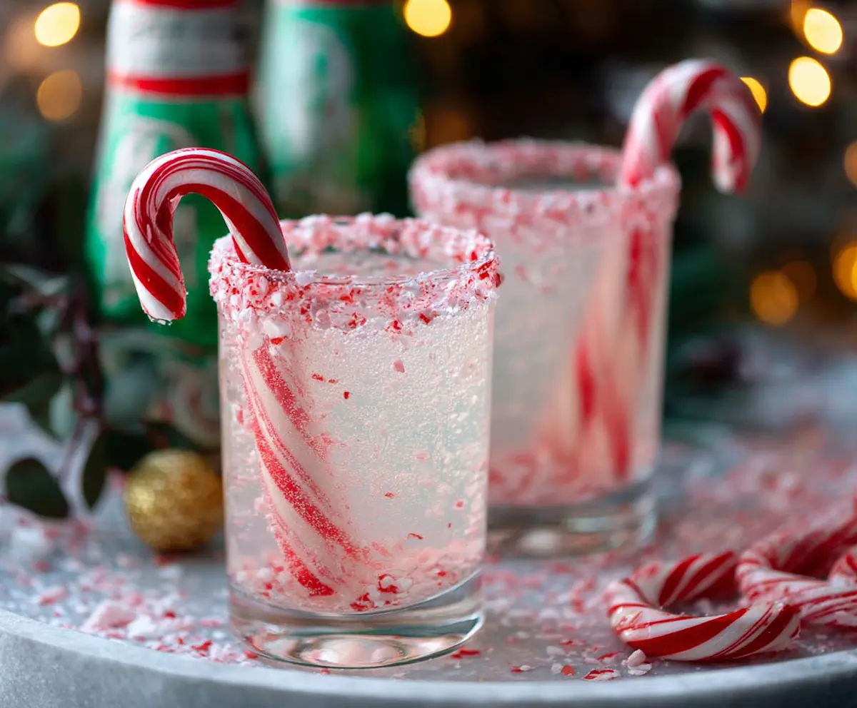Festive Candy Cane Spritzer Cocktail with garnished peppermint and sparkling soda in a clear glass.