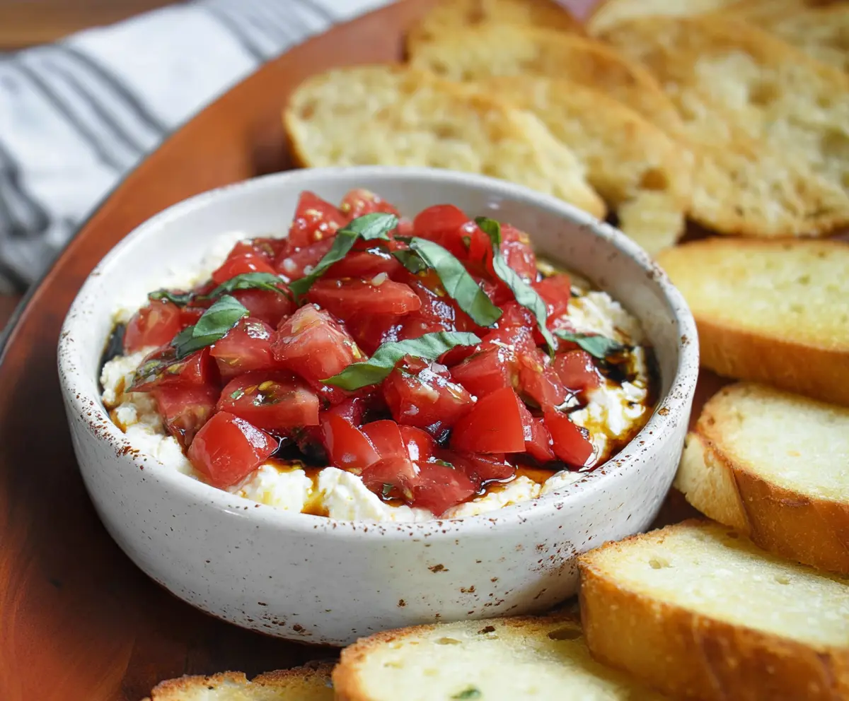 Creamy Caprese Dip with fresh mozzarella, cherry tomatoes, and basil garnished on a white plate.
