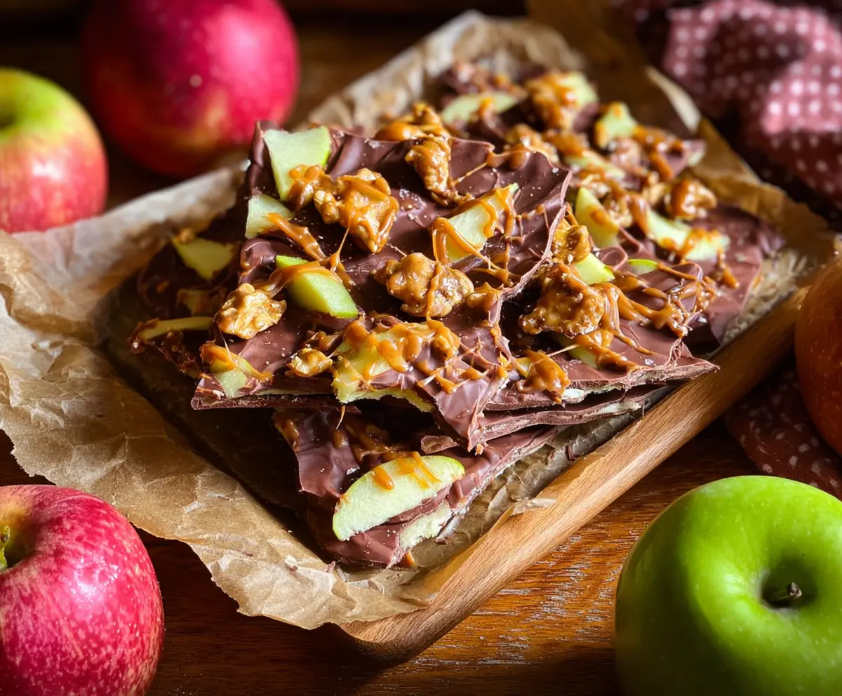 Delicious caramel apple bark with a crispy chocolate coating and crunchy apple pieces.