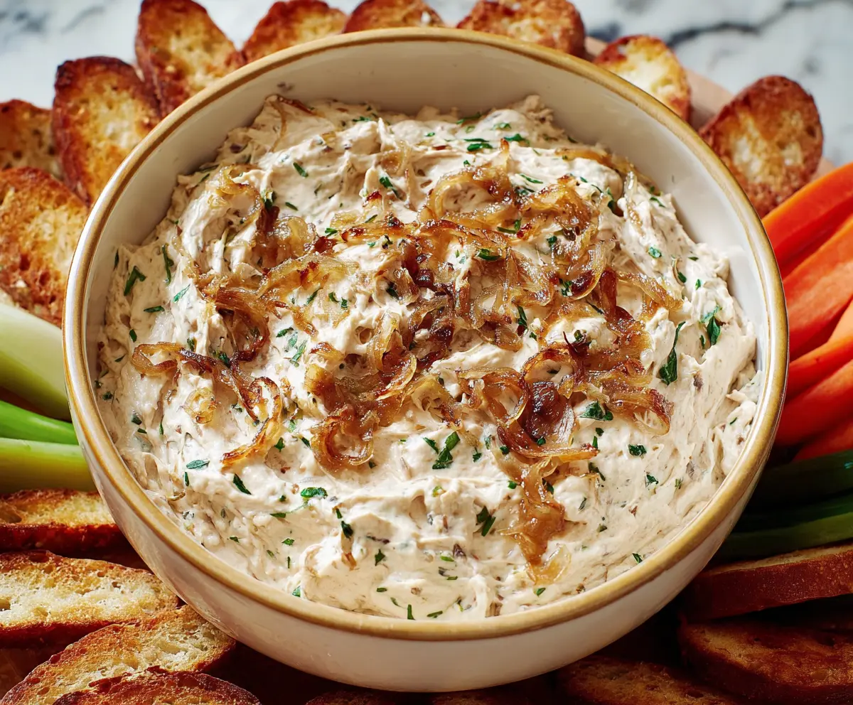 Creamy caramelized onion dip served with crispy chips, perfect for snacks and parties.