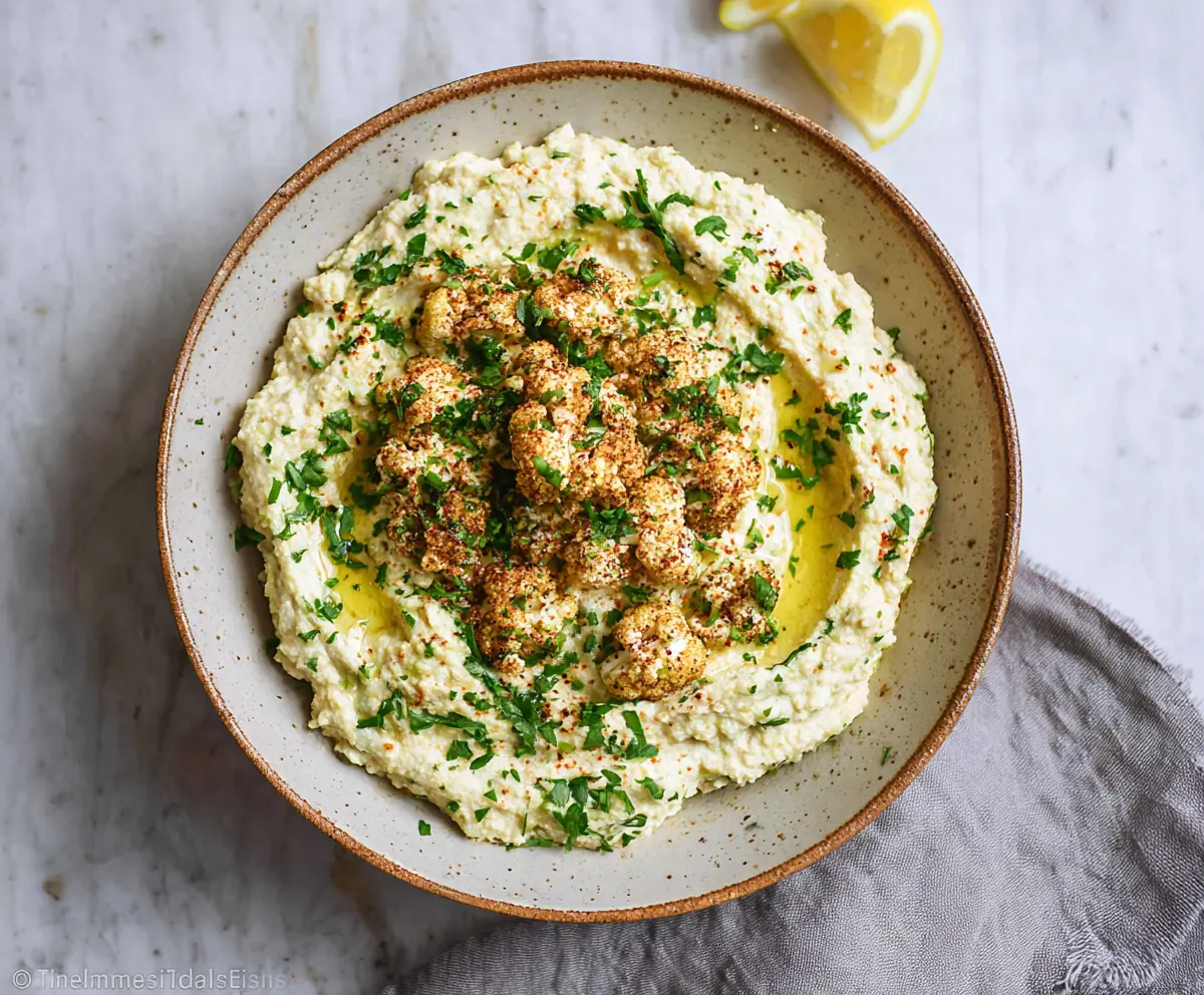 Creamy cauliflower hummus served with fresh vegetables for a healthy snack.