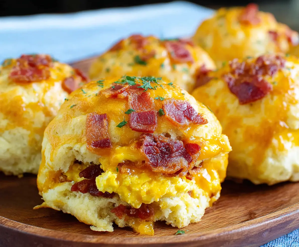Delicious Cheddar Bacon Egg Biscuit Bombs fresh out of the oven, perfect for breakfast or brunch.