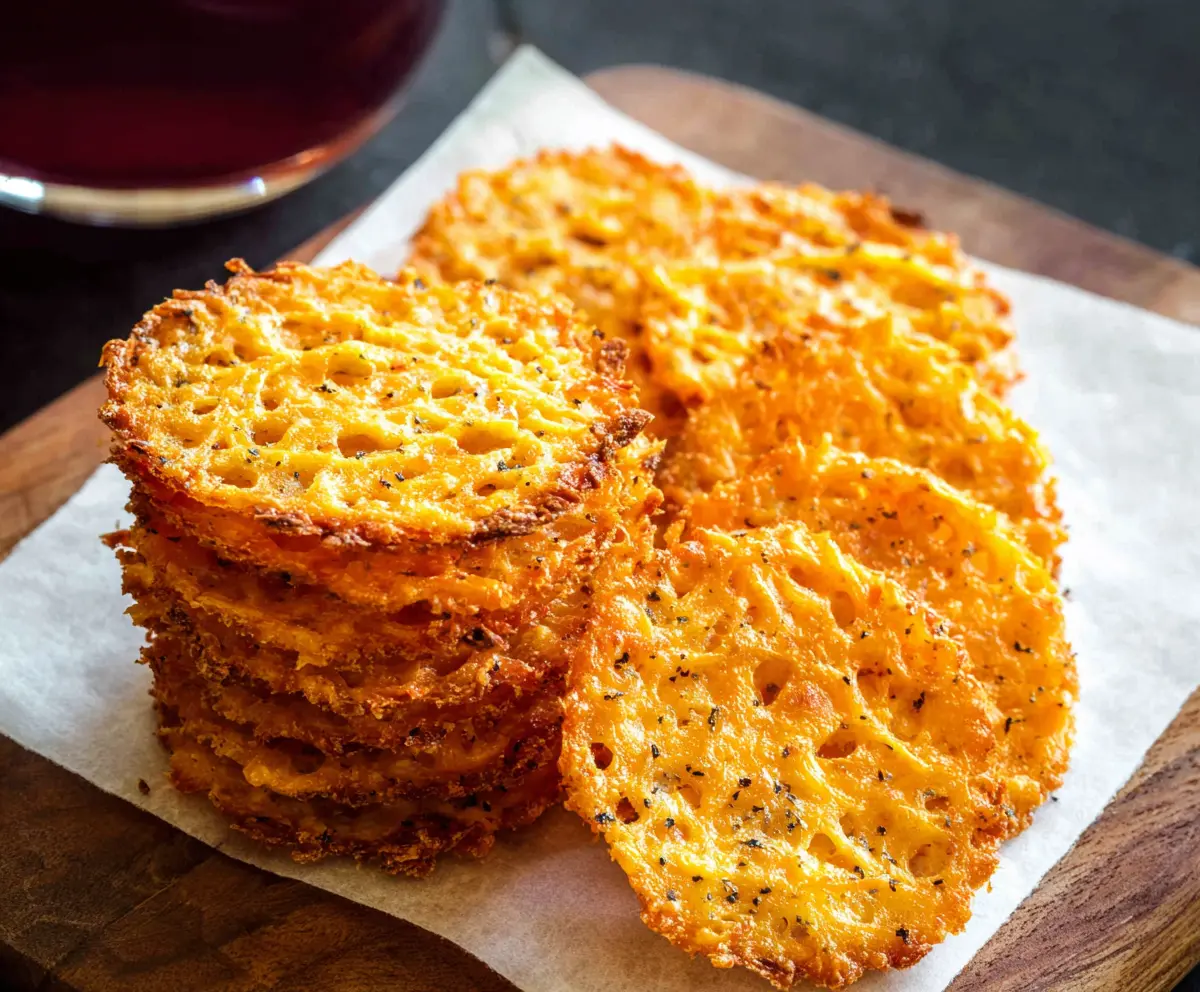 Golden cheddar cheese crisps on a white plate, perfect for a crunchy snack.