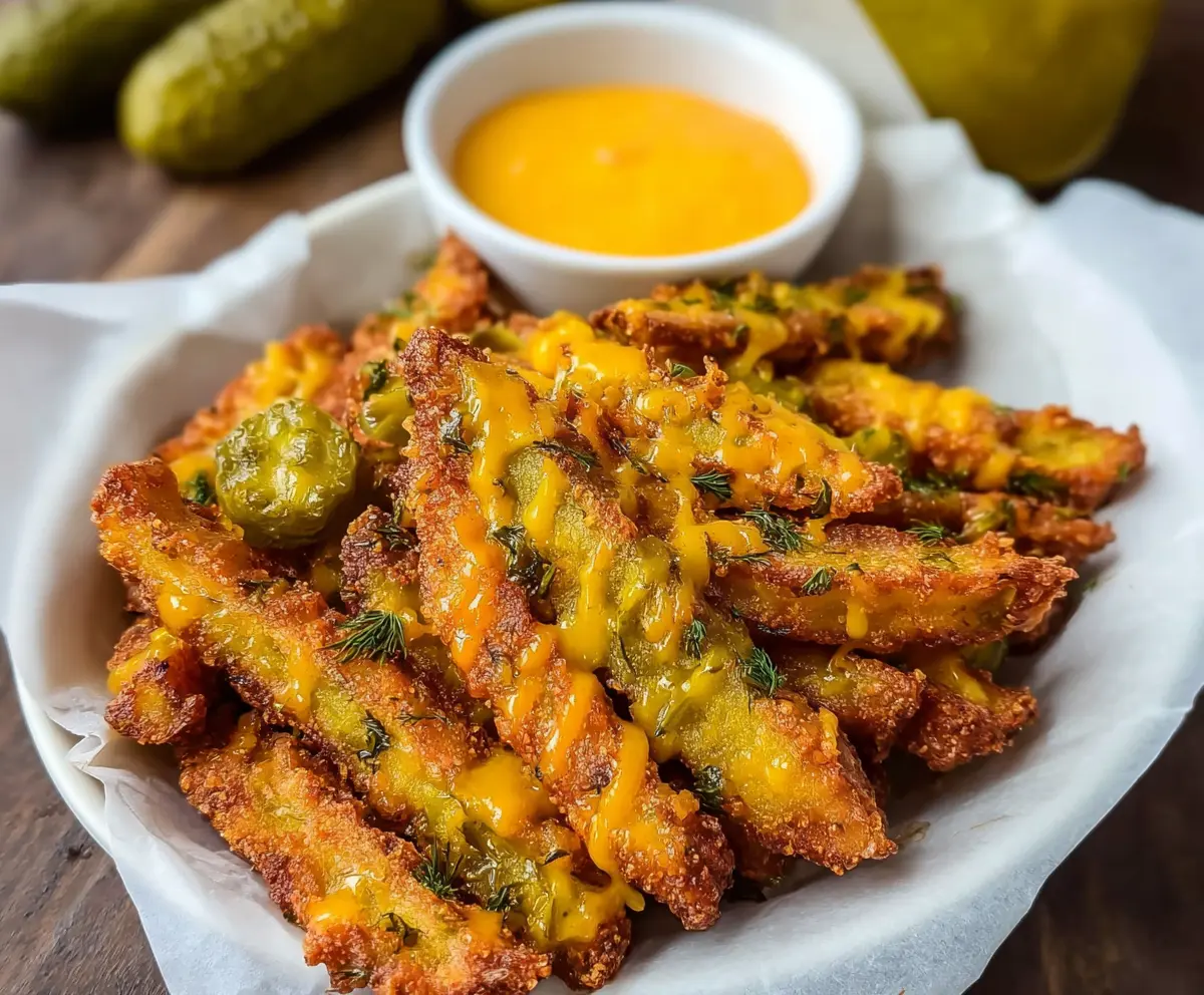 Crispy cheddar and pickle fries served with dipping sauce