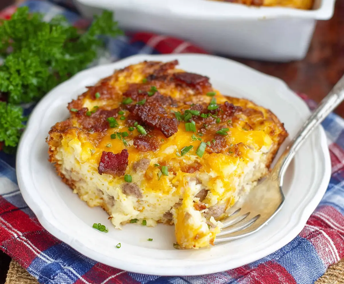 Delicious Cheesy Amish Breakfast Casserole topped with melted cheese and fresh herbs.