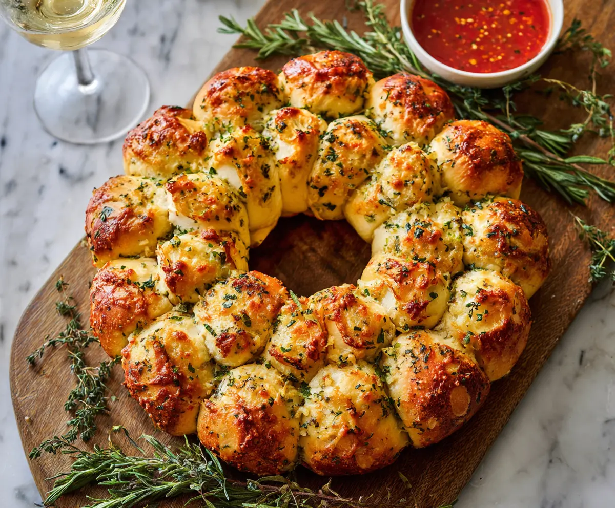 Delicious cheesy garlic pull-apart wreath fresh out of the oven, perfect for sharing at gatherings.