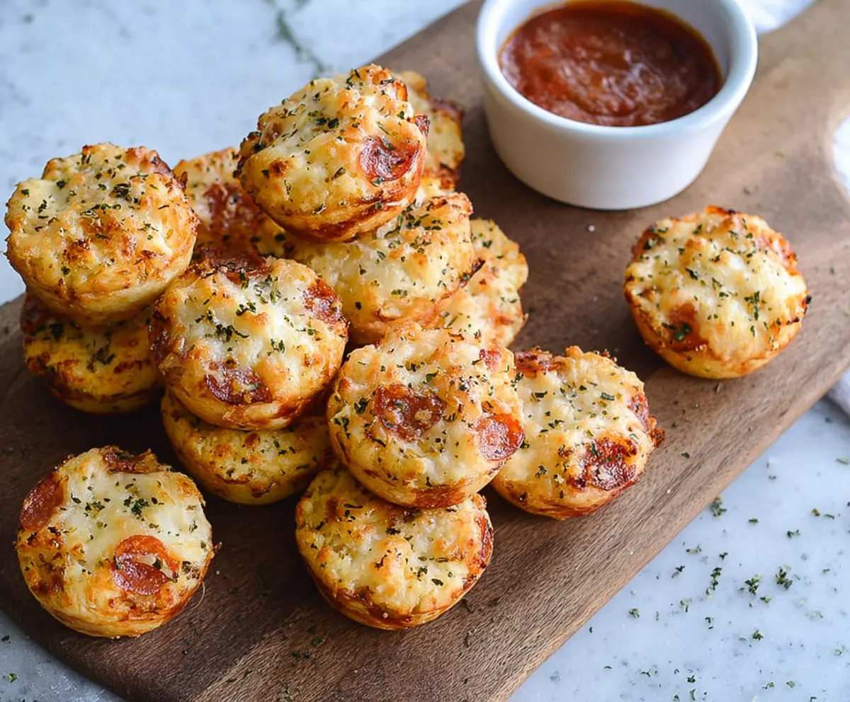 Delicious Cheesy Pepperoni Bites with melted cheese and spicy pepperoni on a plate.