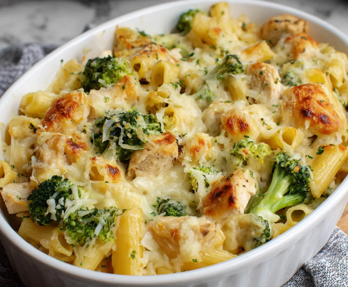 Delicious chicken and broccoli pasta bake served in a baking dish, topped with melted cheese.