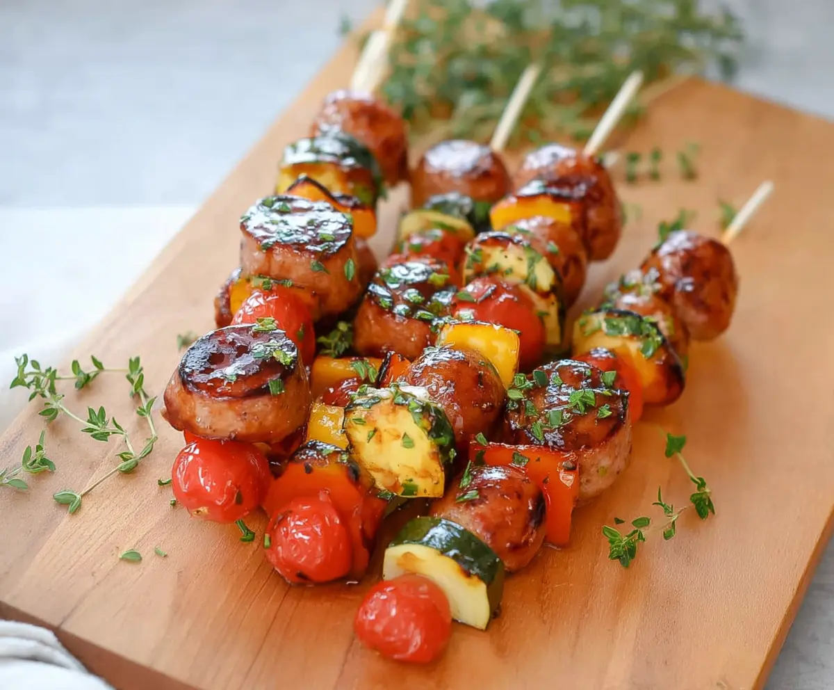 Grilled chicken apple sausage skewers with fresh vegetables on a skewer for a flavorful summer dish