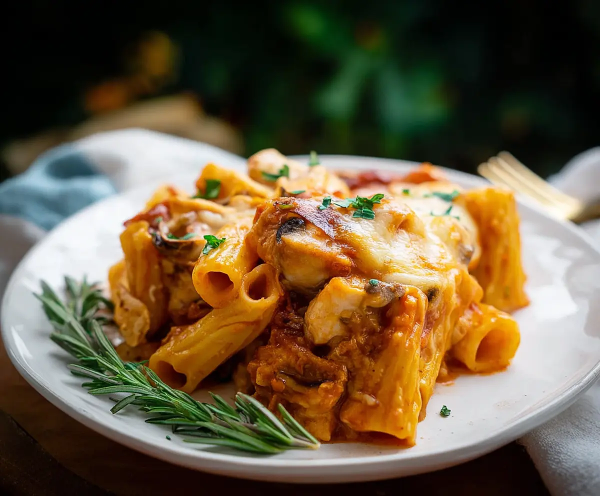 Baked chicken rigatoni pasta in a creamy tomato sauce with melted cheese
