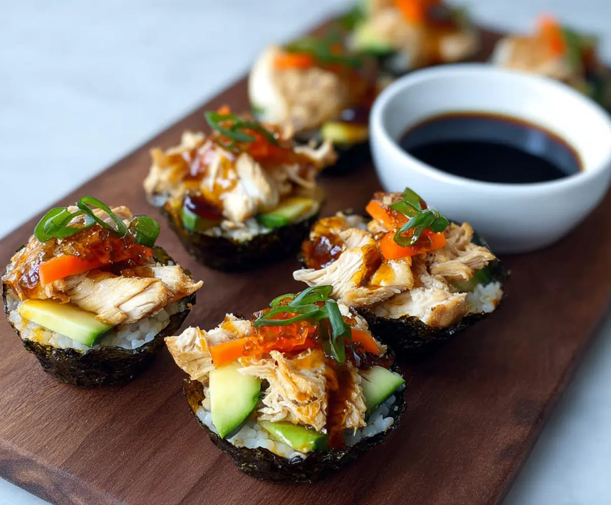 Delicious chicken sushi cups with rice, vegetables, and toppings on a white plate
