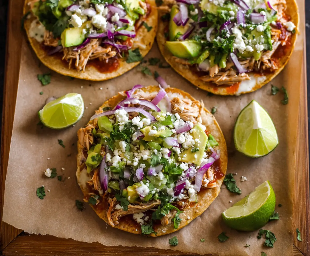 Delicious chicken tostadas topped with fresh vegetables and melted cheese on a vibrant plate.