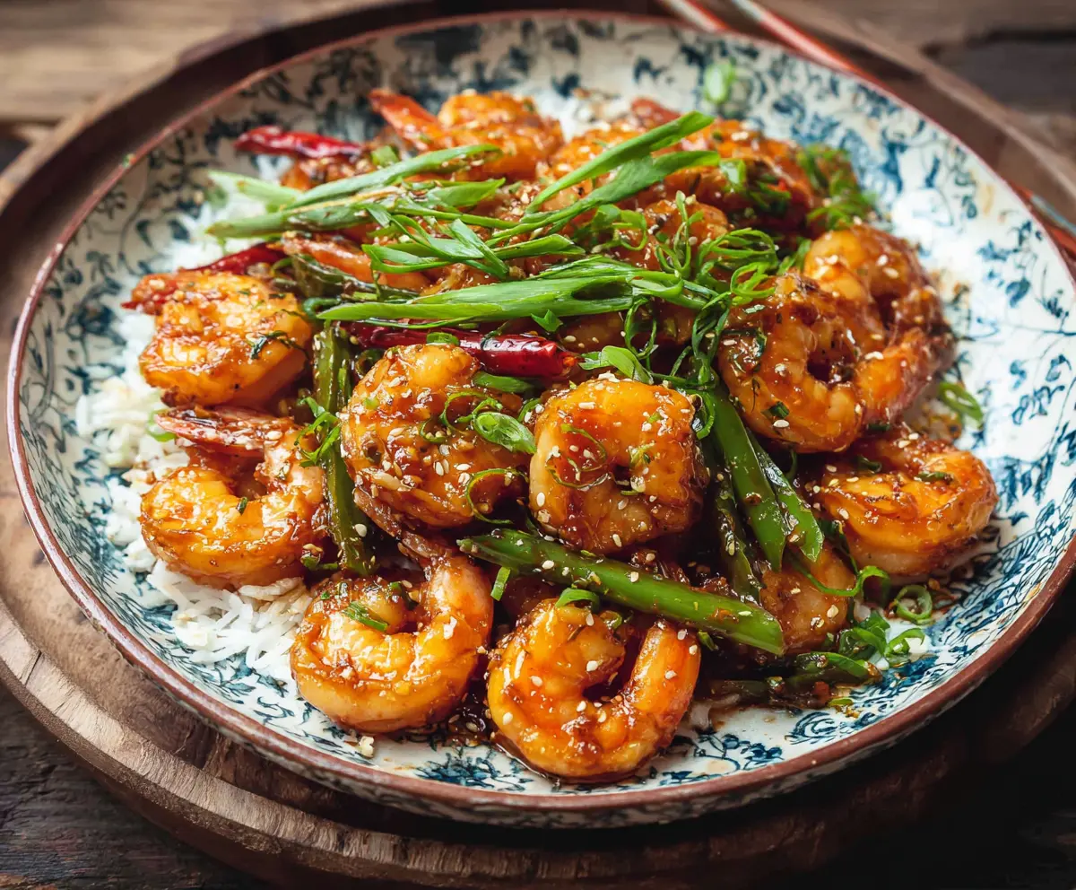 Delicious Chinese Hunan Shrimp dish with spicy, savory flavors served on a plate.
