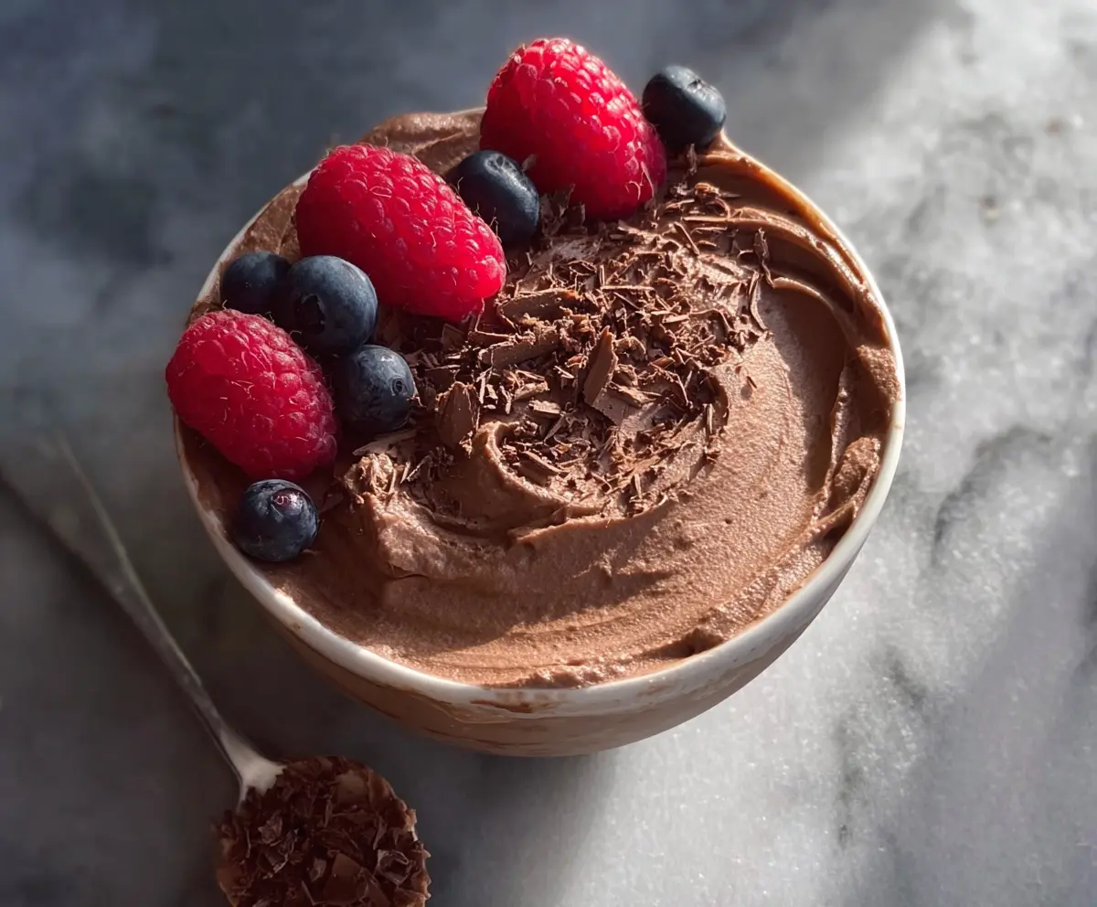 Creamy homemade chocolate protein mousse in a glass bowl, topped with cocoa powder and chocolate shavings.