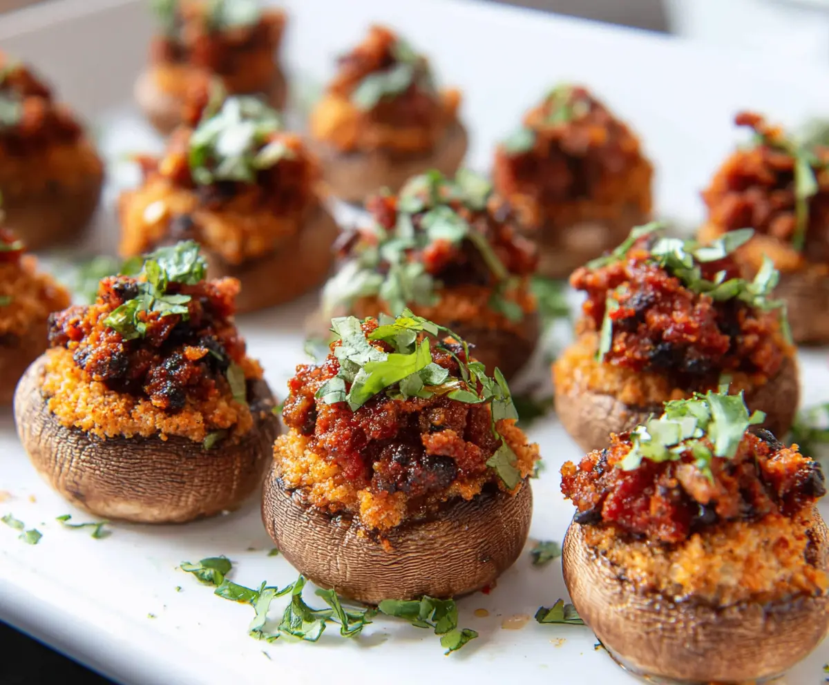 Delicious chorizo stuffed mushrooms with melted cheese garnish, perfect appetizer for parties.