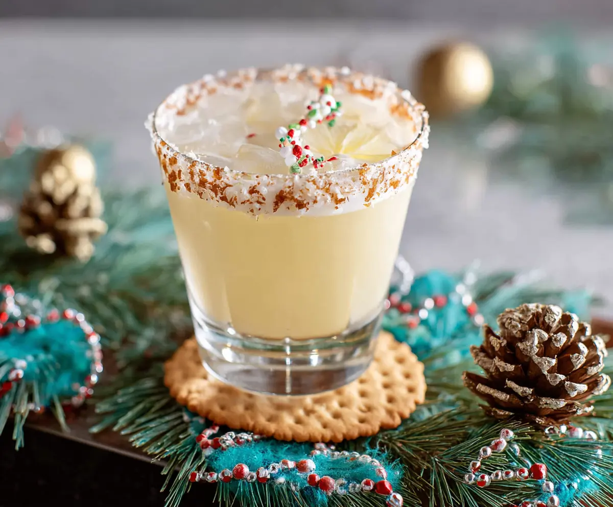 Festive Christmas Cookie Cocktail in a decorative glass with holiday sprinkles and candy cane garnish