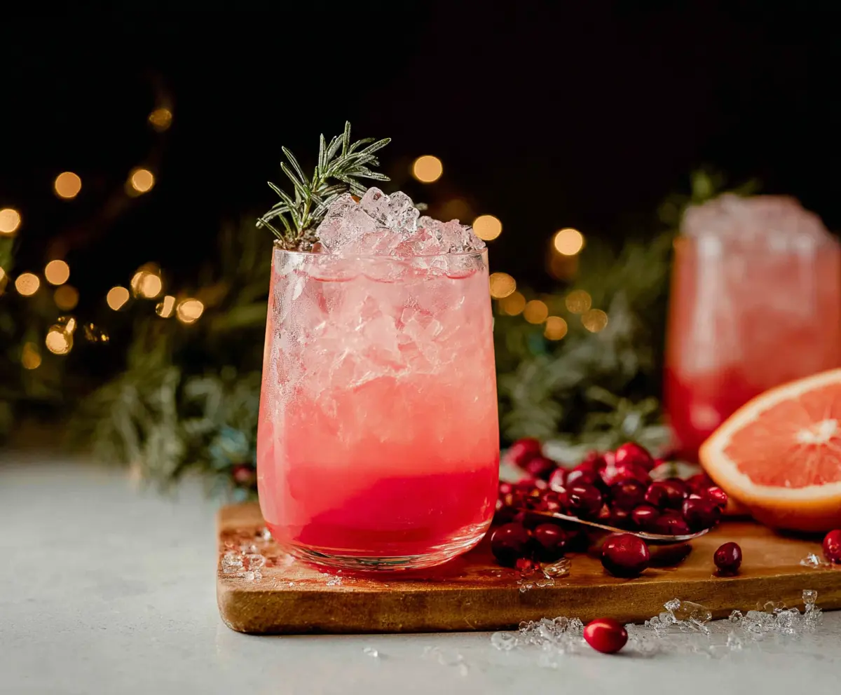 Festive Christmas Paloma cocktail with ruby red grapefruit and pomegranate garnishes on a holiday-themed table.