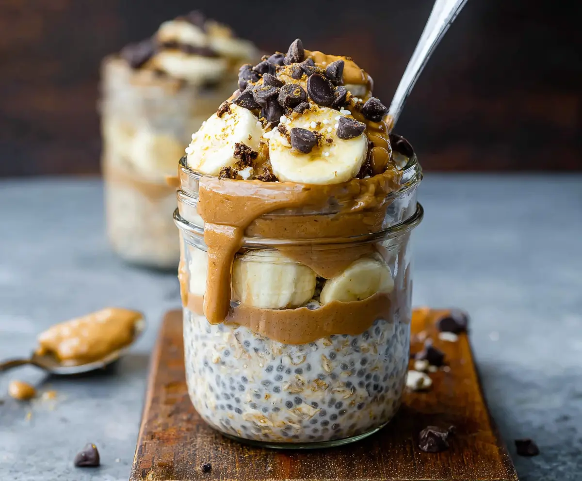 Delicious Chunky Monkey Overnight Oats topped with bananas, walnuts, and chocolate chips in a glass jar.