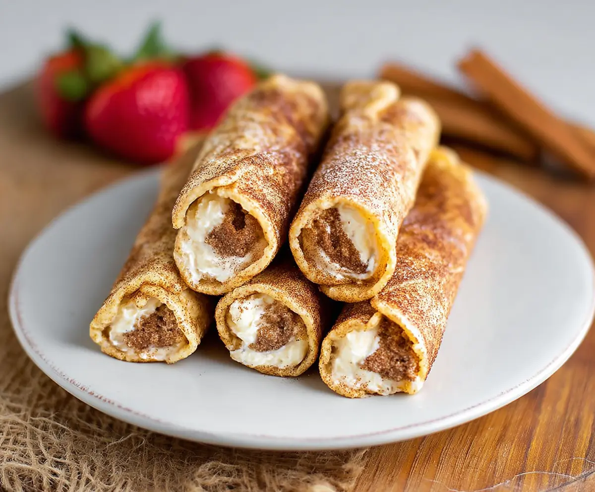 Cream cheese-filled cinnamon tortilla roll-ups, a delicious and easy dessert idea.