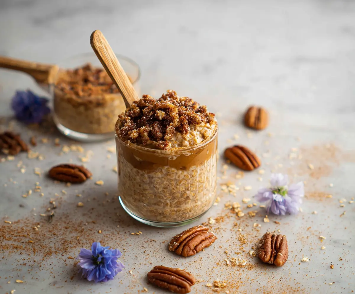 Delicious coffee cake overnight oats in a jar topped with cocoa powder and cinnamon.