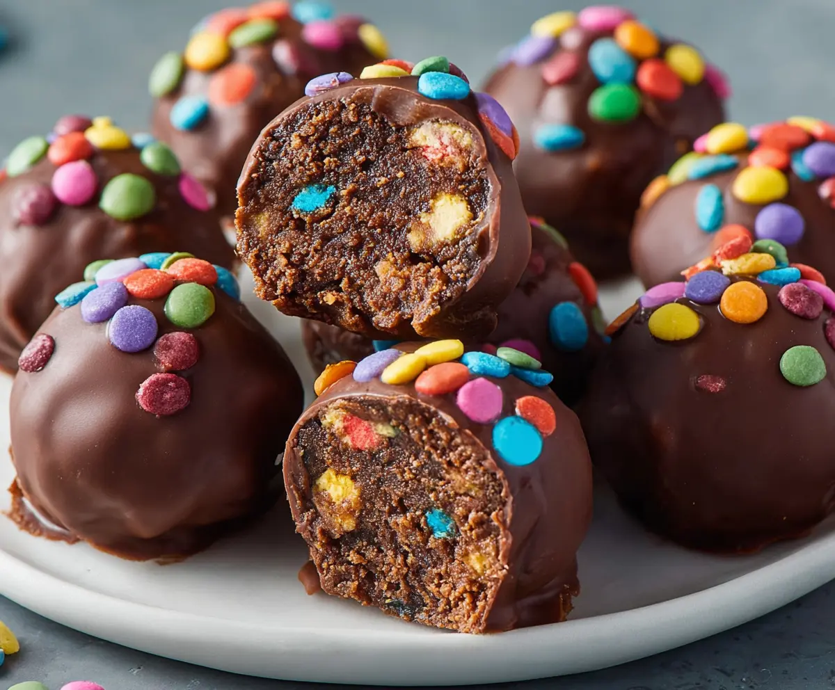 Delicious Cosmic Brownie Protein Bites with colorful cosmic-inspired sprinkles on top.