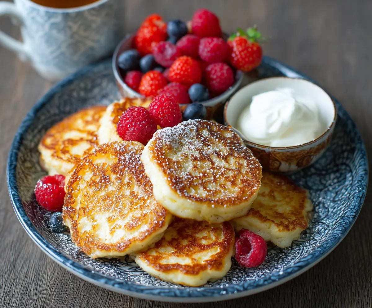 Fluffy cottage cheese pancakes served on a plate, garnished with fresh fruit and syrup.