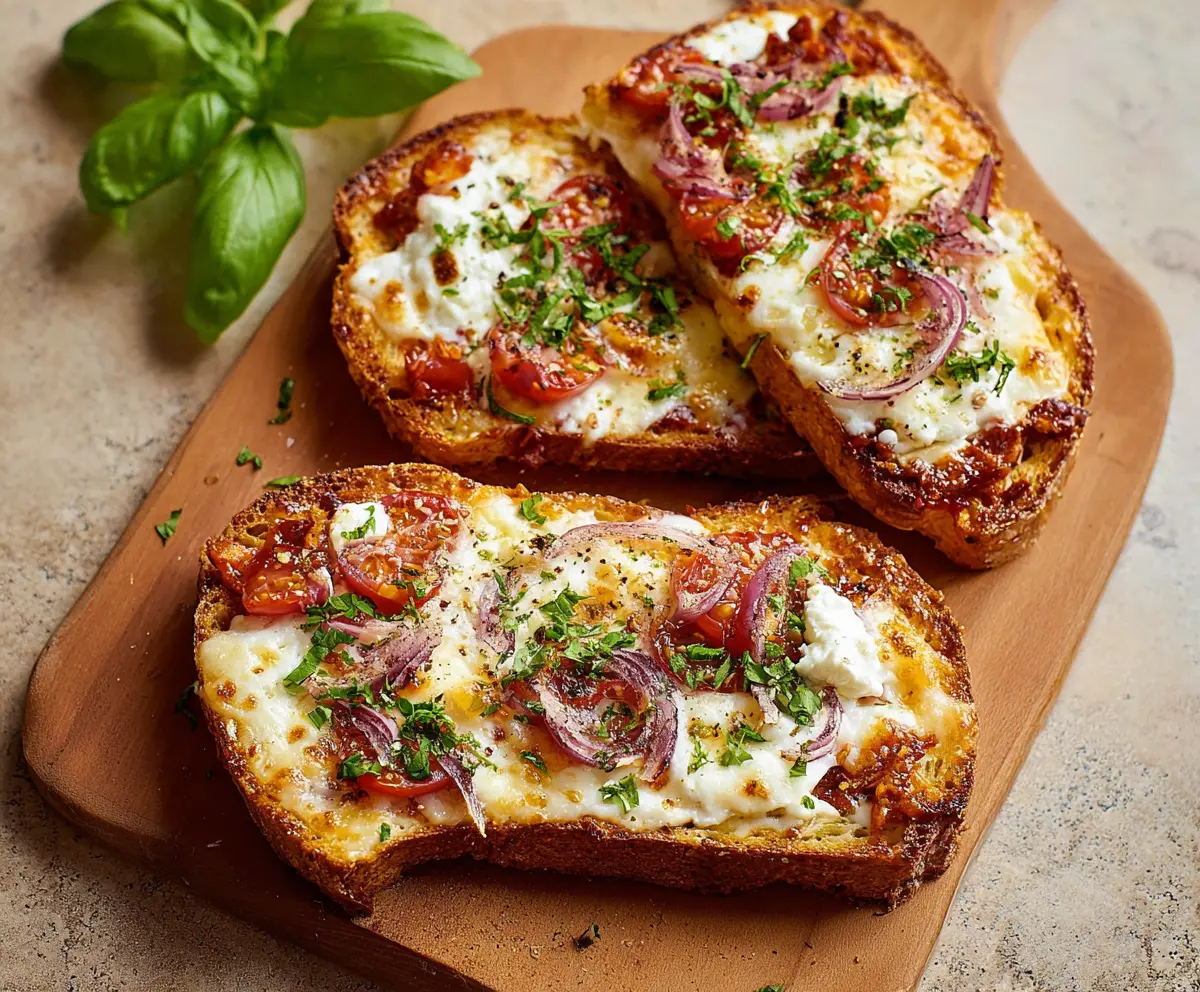Delicious Cottage Cheese Pizza Toast with melted cheese and fresh toppings on toasted bread