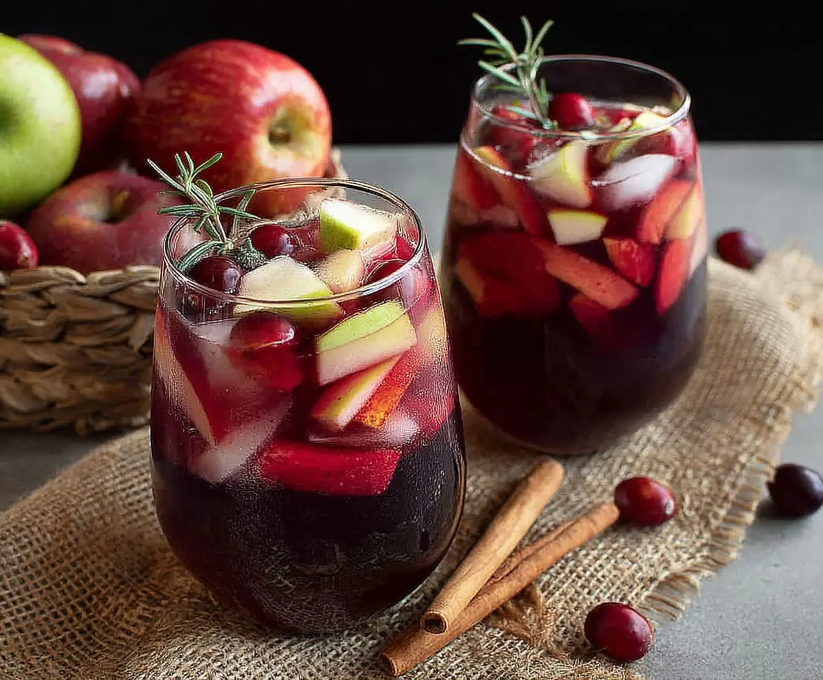 Refreshing Cranberry Apple Cider Sangria served in a glass with fresh cranberries and apple slices.