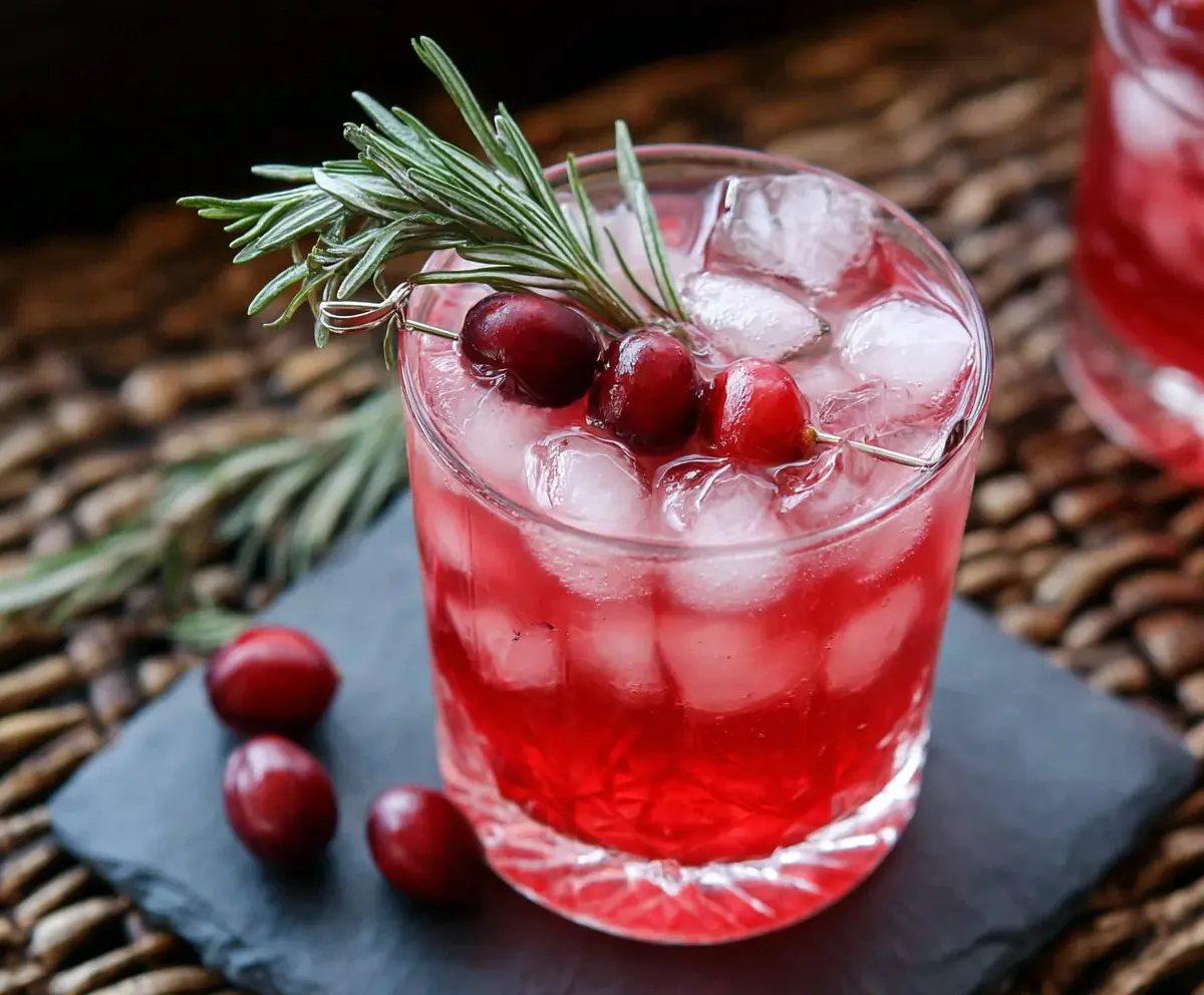 Refreshing cranberry rosemary vodka cocktail in a elegant glass garnished with fresh cranberries and rosemary sprig.