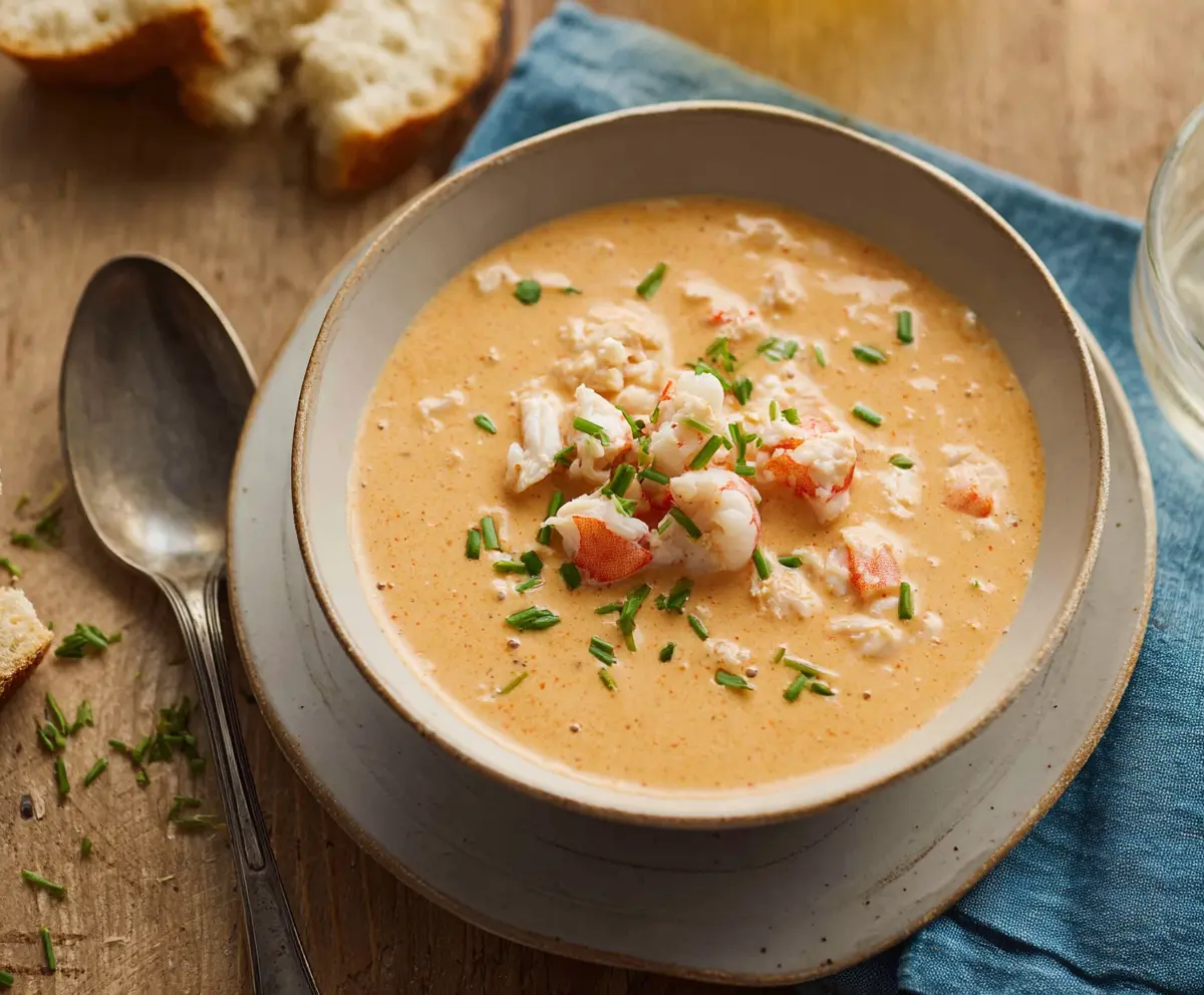Delicious creamy seafood bisque with crab and shrimp served in a bowl