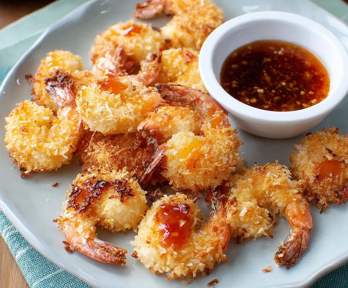 Golden crispy baked coconut shrimp served with a side of fresh lemon slices
