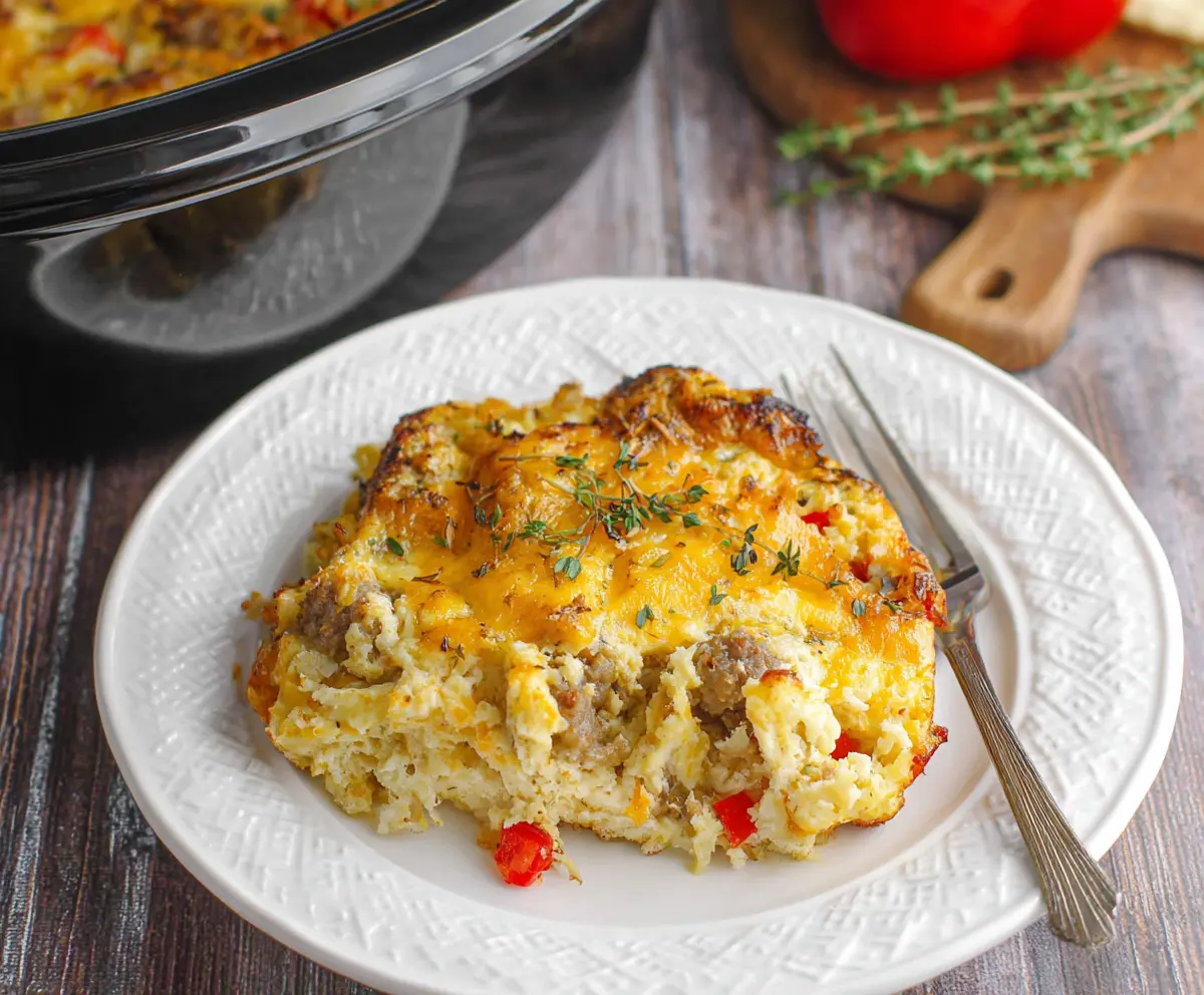 Delicious Crockpot Christmas Breakfast Casserole with eggs, sausage, cheese, and herbs ready to serve for holiday brunch.