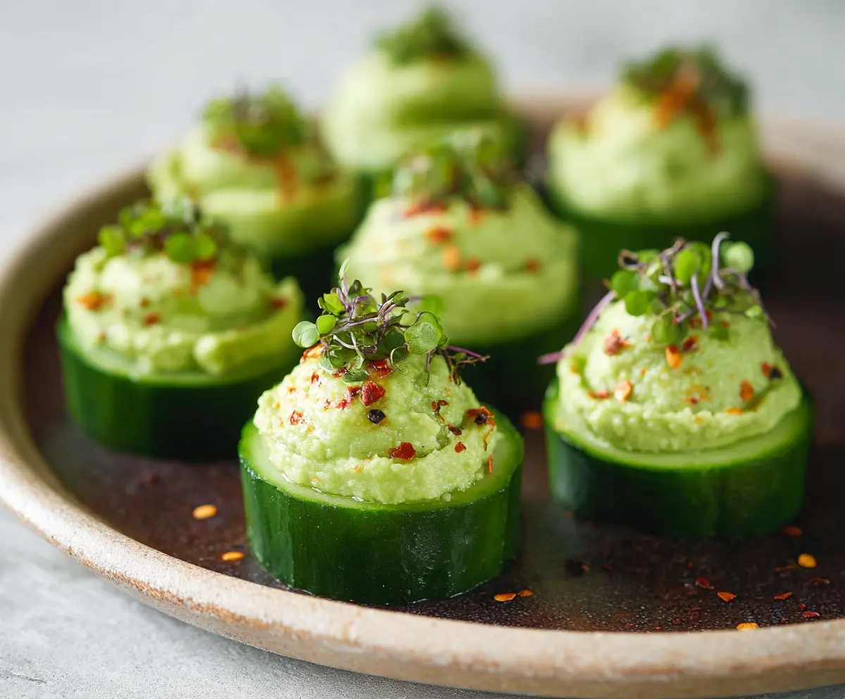 Fresh cucumber and creamy avocado bites garnished with herbs, perfect for a healthy snack.