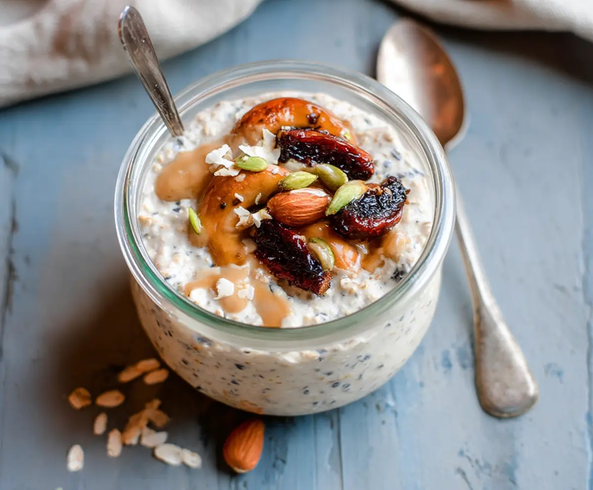Creamy Date and Tahini Overnight Oats in a glass jar, topped with sliced almonds and fresh dates.