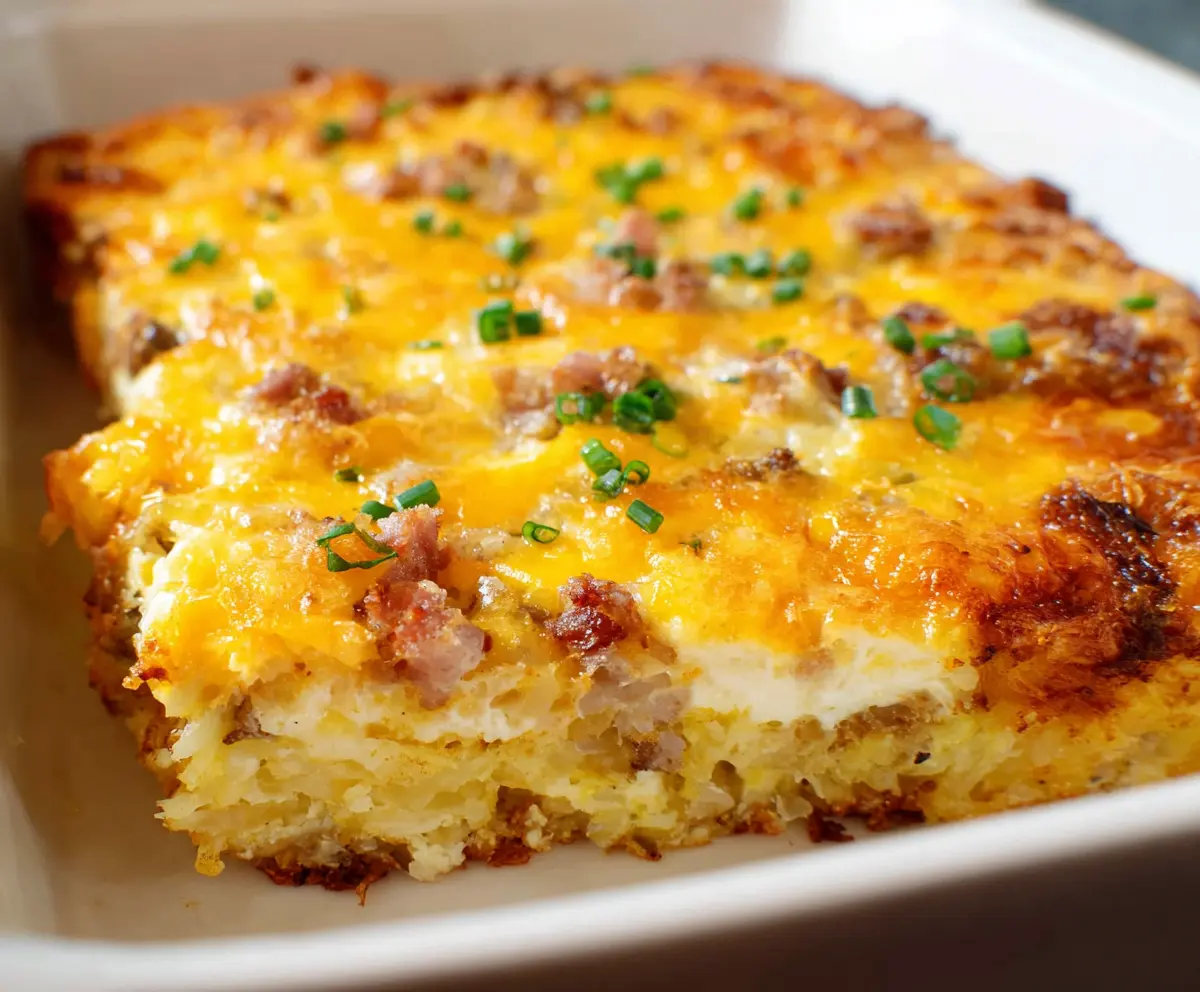 Delicious egg and hashbrown casserole topped with cheese, served in a baking dish.