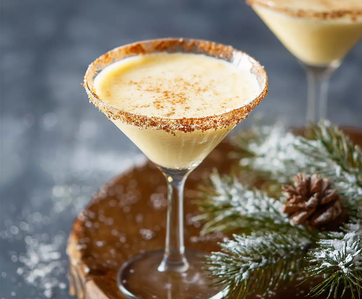 Creamy Eggnog Martini cocktail garnished with nutmeg, perfect for holiday celebrations