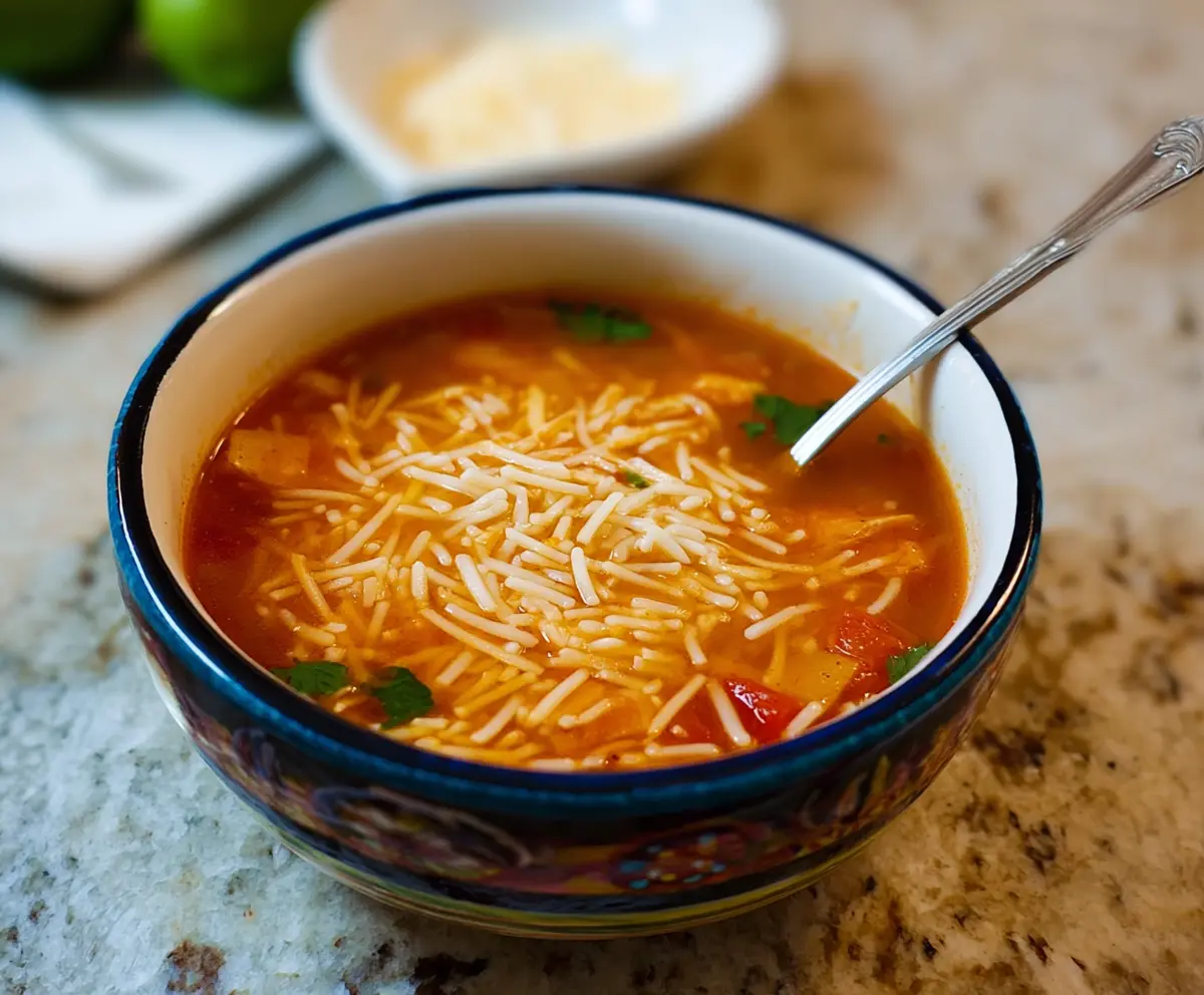 Delicious Fideo Pasta Soup served with fresh herbs and lime, perfect for a comforting meal
