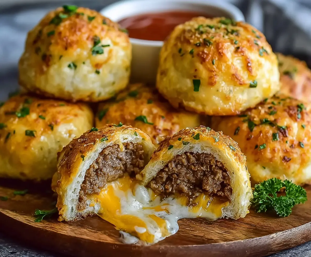 Golden garlic Parmesan cheeseburger bombs with melted cheese and crispy crust on a wooden platter.