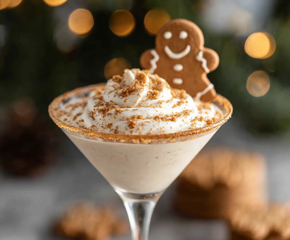 Delicious Gingerbread Cookie Martini served in a glass with a cinnamon stick garnish.